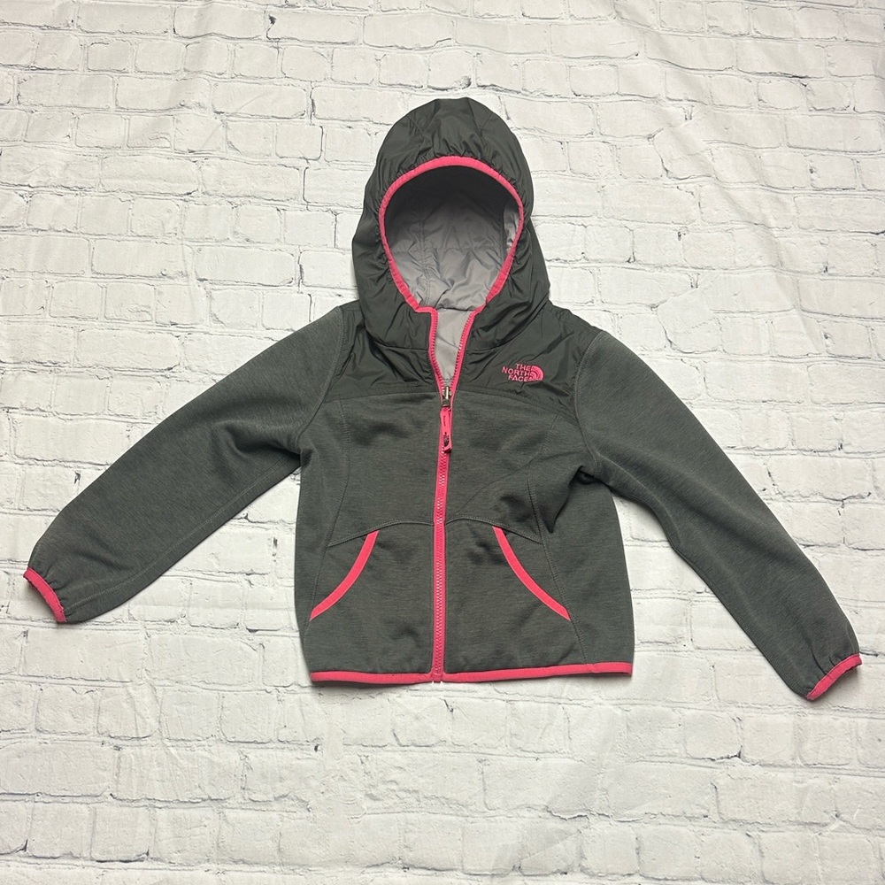 North Face Reversible Zip Girls Hooded Jacket Fleece Lined Grey/Pink XS